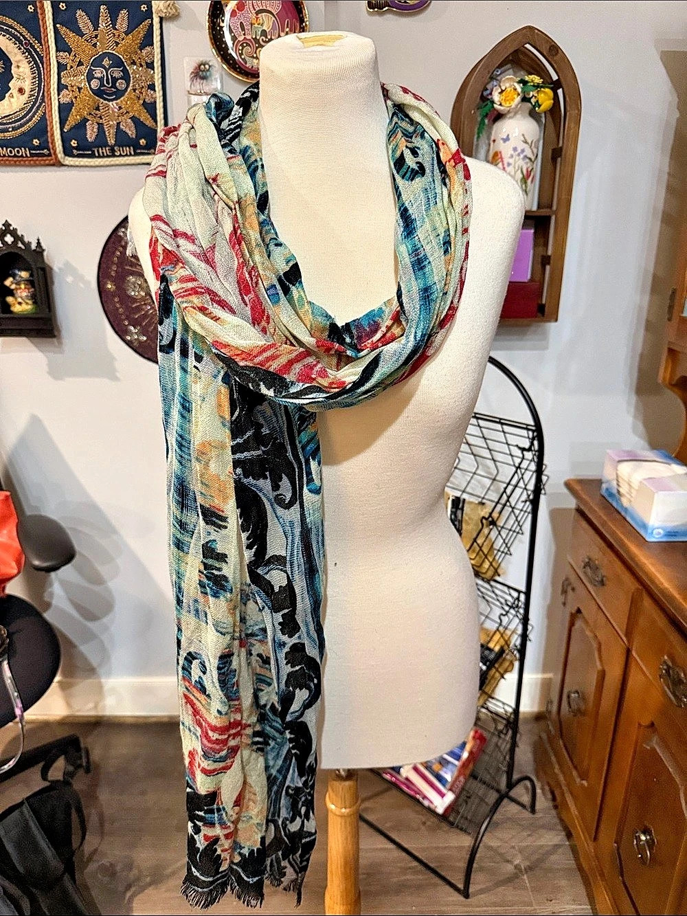 Abstract Pattern Scarf in Blue & Red Like New